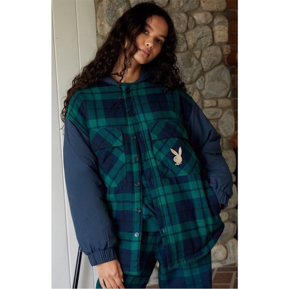 Playboy Pacsun Women's Plaid Boyfriend Jacket Navy Green Hoodie Jacket Size XS/S - Picture 2 of 11